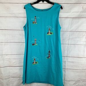 Vintage Dress Linen Embroidered 12 14 XL Lighthouses Nautical Marine Blue Teal